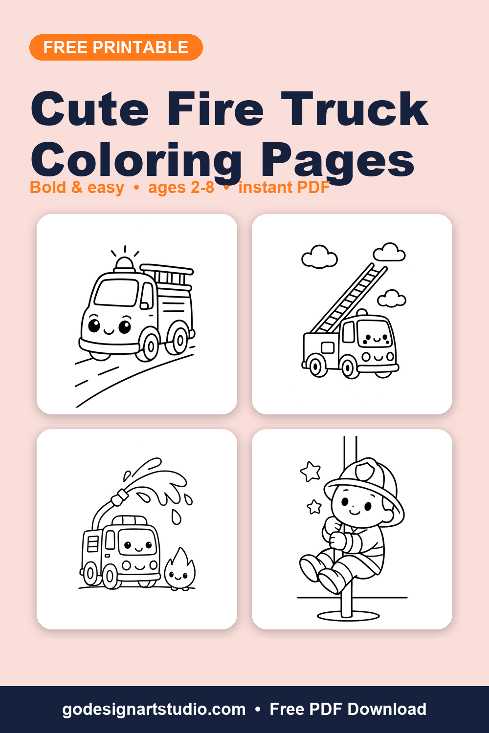 Free printable Cute Fire Truck coloring pages for kids
