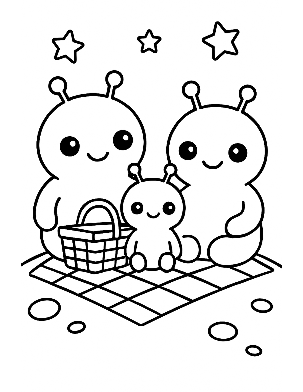 Free printable Alien coloring page – alien family picnic