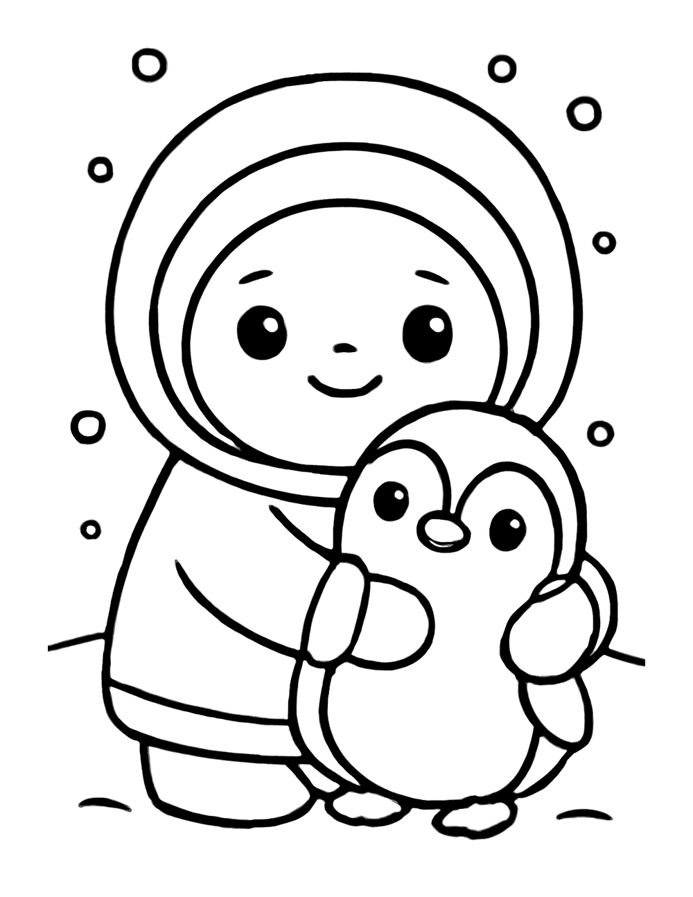 Free printable Arctic Animal coloring page – kid and penguin