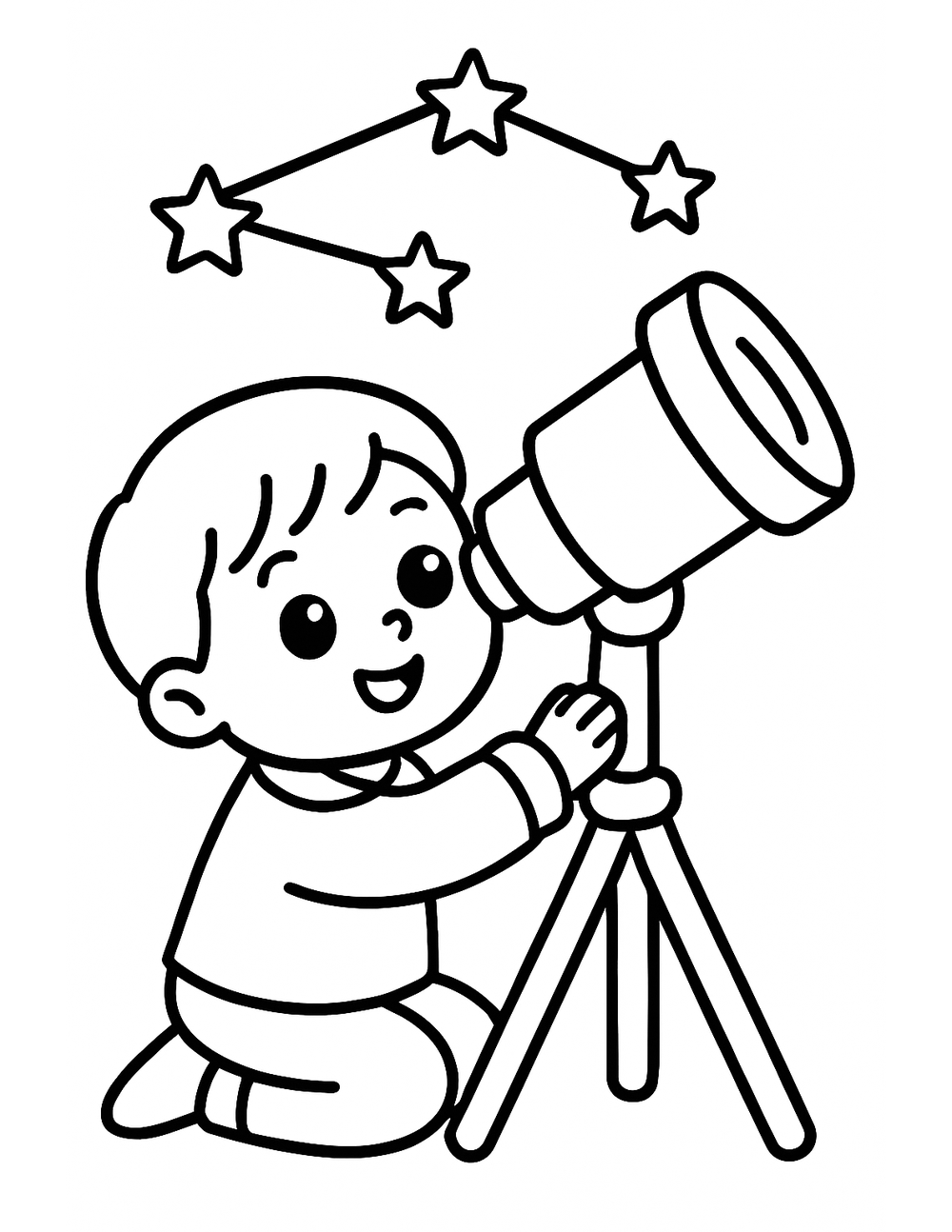 Free printable Constellation coloring page – kid stargazing telescope