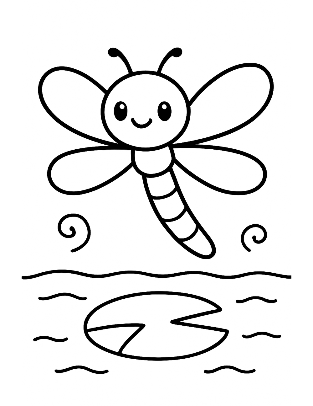 Free printable Cute Bug coloring page – dragonfly over pond