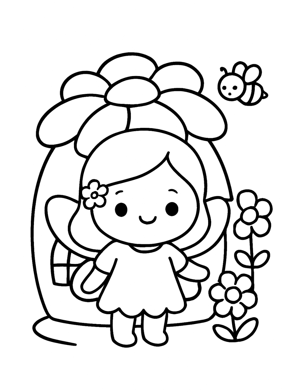 Free printable Cute Fairy coloring page – flower petal house