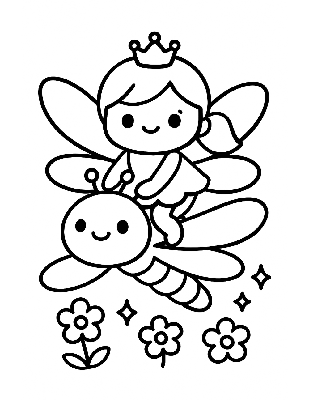 Free printable Cute Fairy coloring page – riding a dragonfly