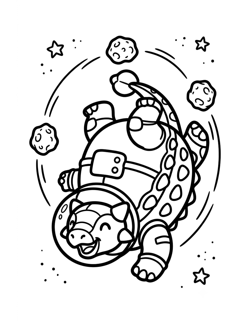 Free printable Dinosaurs in Space coloring page – ankylosaurus juggling moon