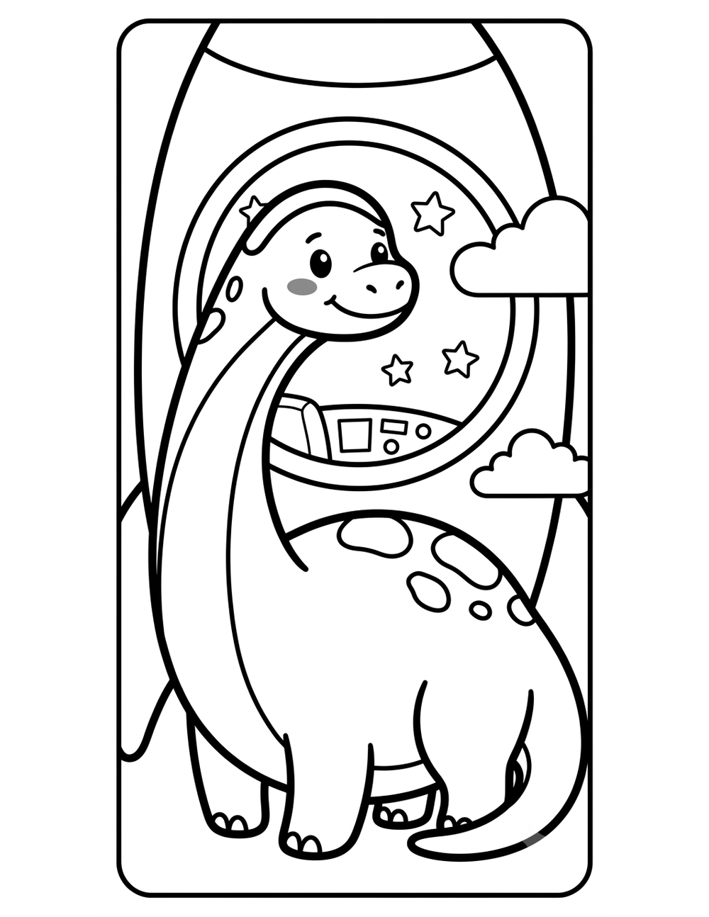 Free printable Dinosaurs in Space coloring page – brachiosaurus peeking rocket