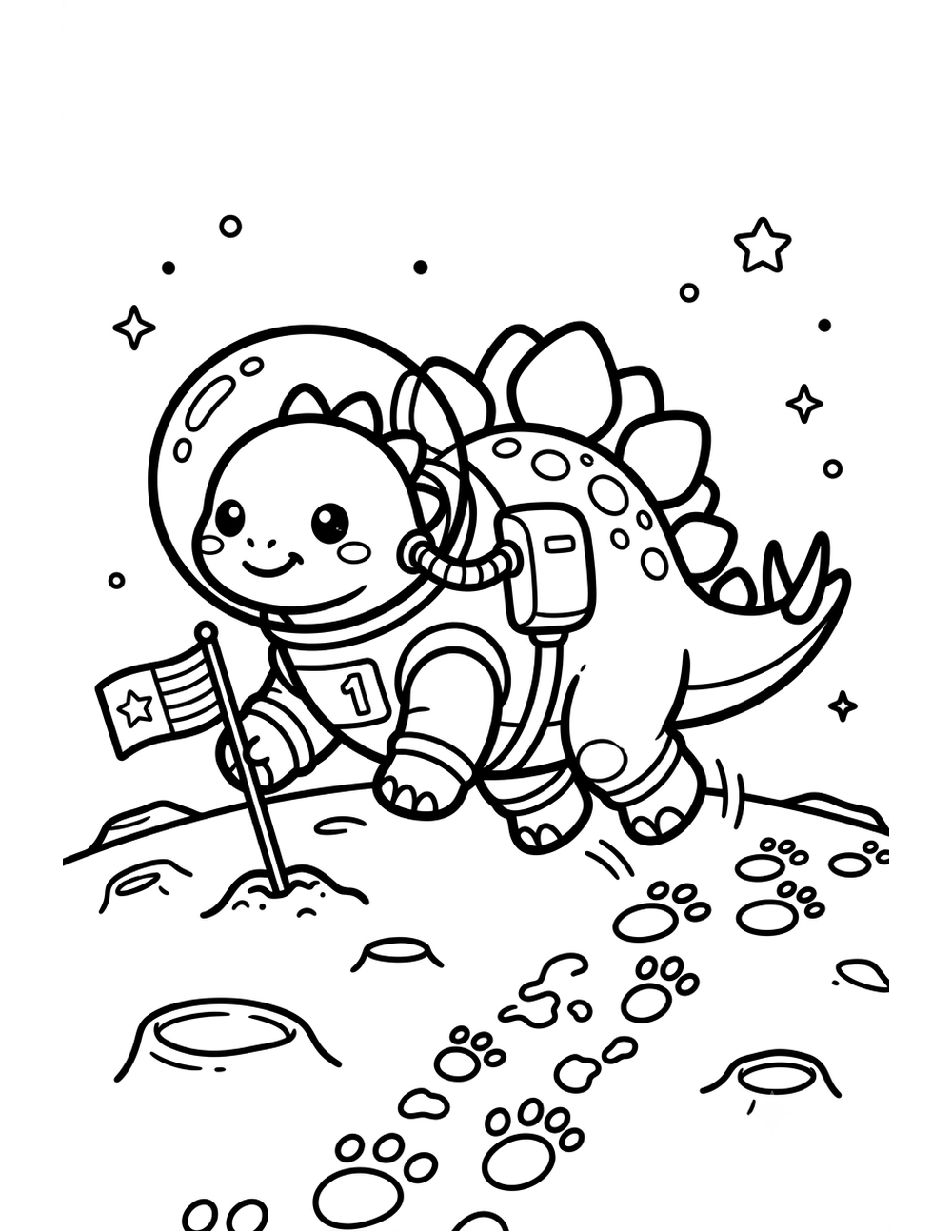 Free printable Dinosaurs in Space coloring page – stegosaurus moon walk