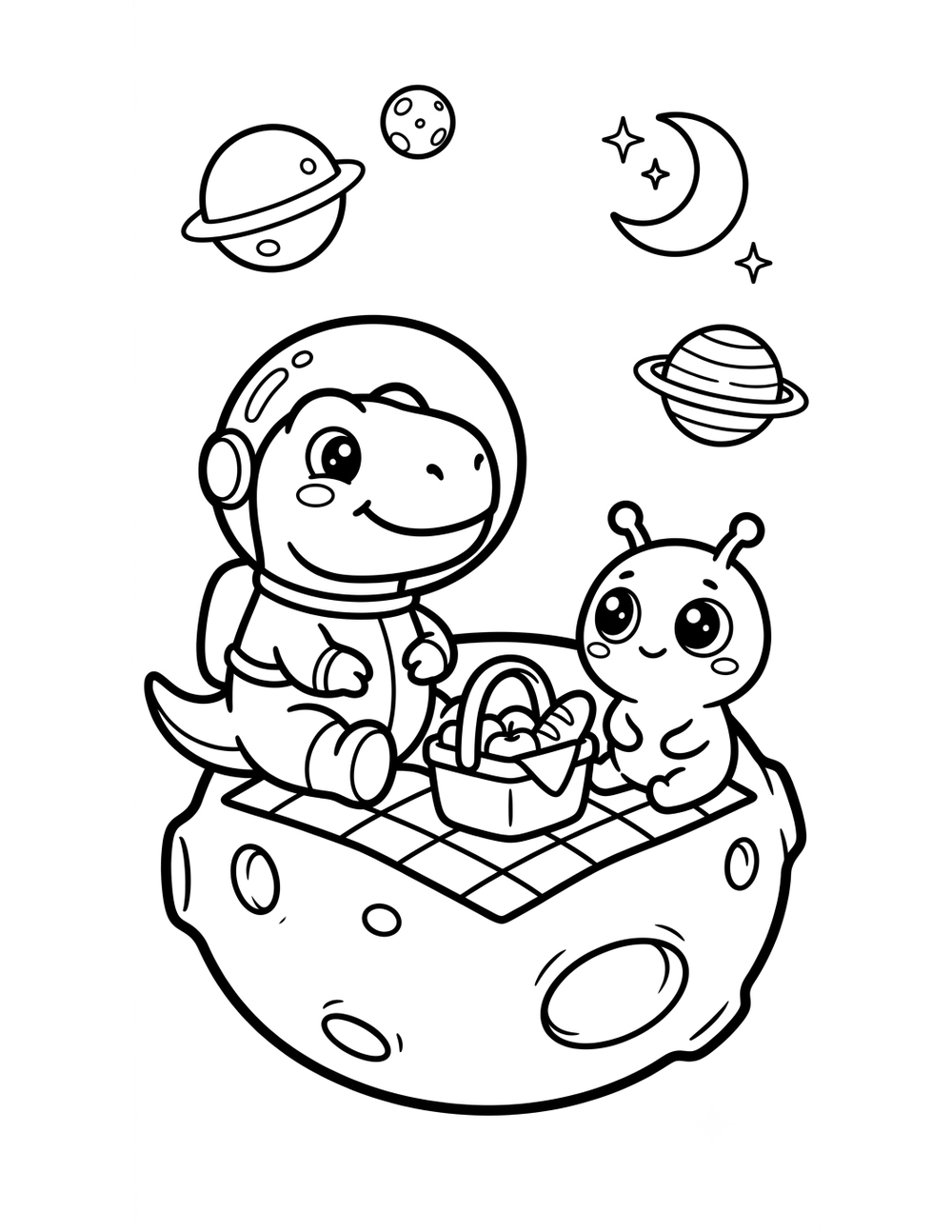 Free printable Dinosaurs in Space coloring page – trex alien picnic