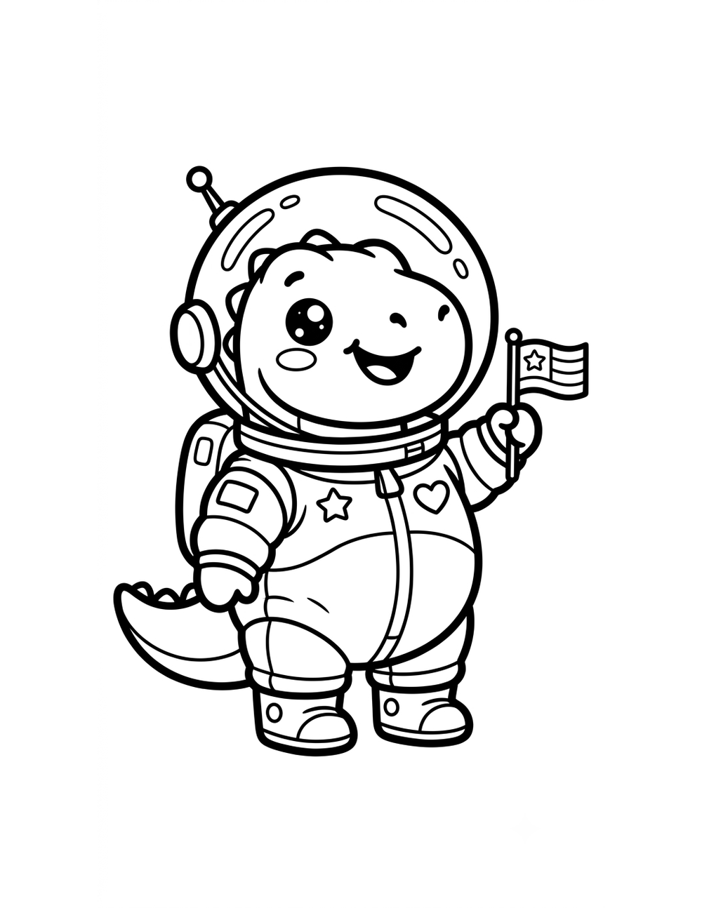 Free printable Dinosaurs in Space coloring page – trex astronaut waving