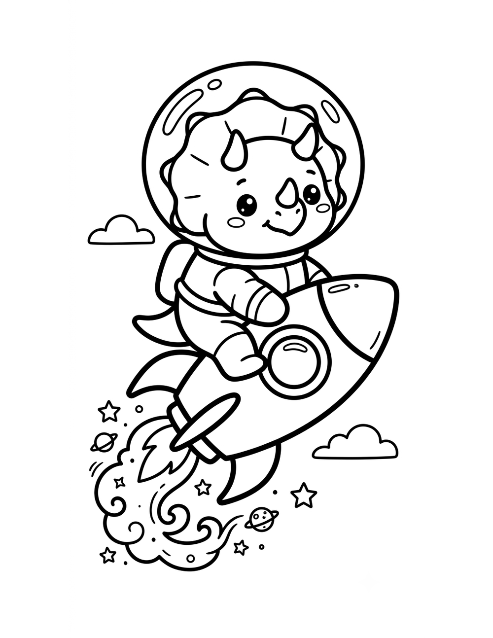 Free printable Dinosaurs in Space coloring page – triceratops riding rocket
