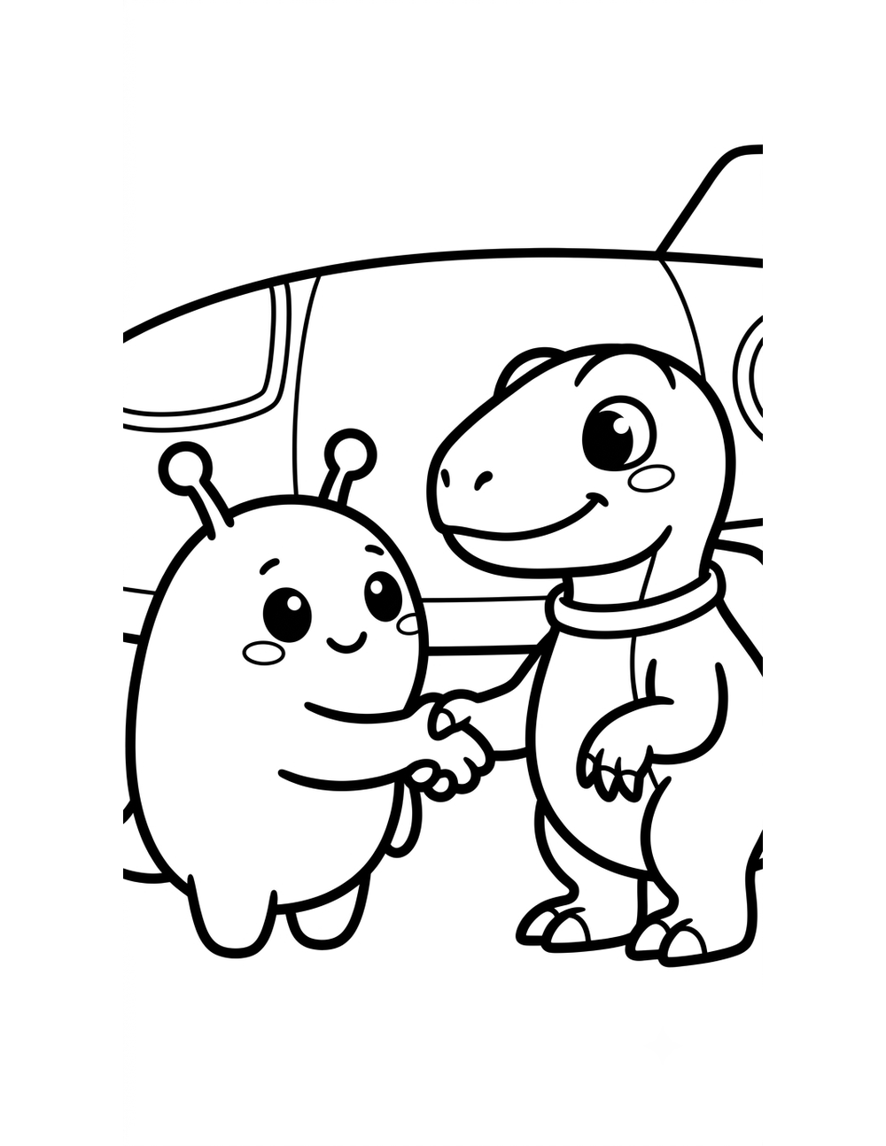 Free printable Dinosaurs in Space coloring page – velociraptor alien handshake
