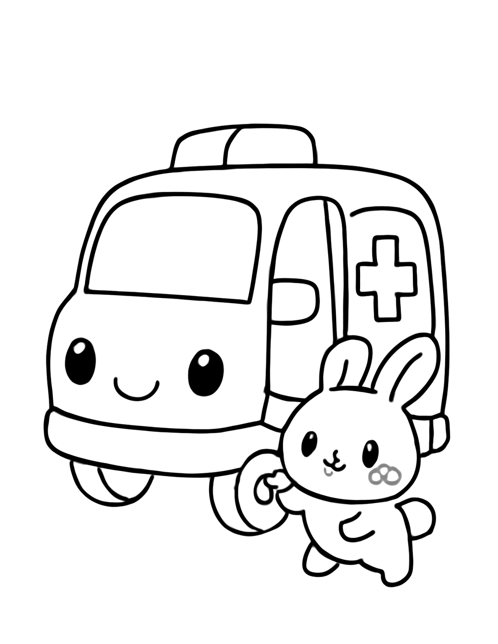 Free printable Emergency Vehicle coloring page – ambulance with bunny