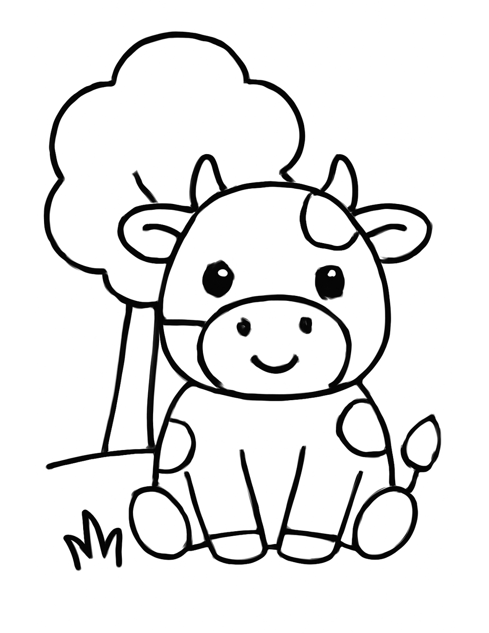Free printable Farm Animal coloring page – cow under tree