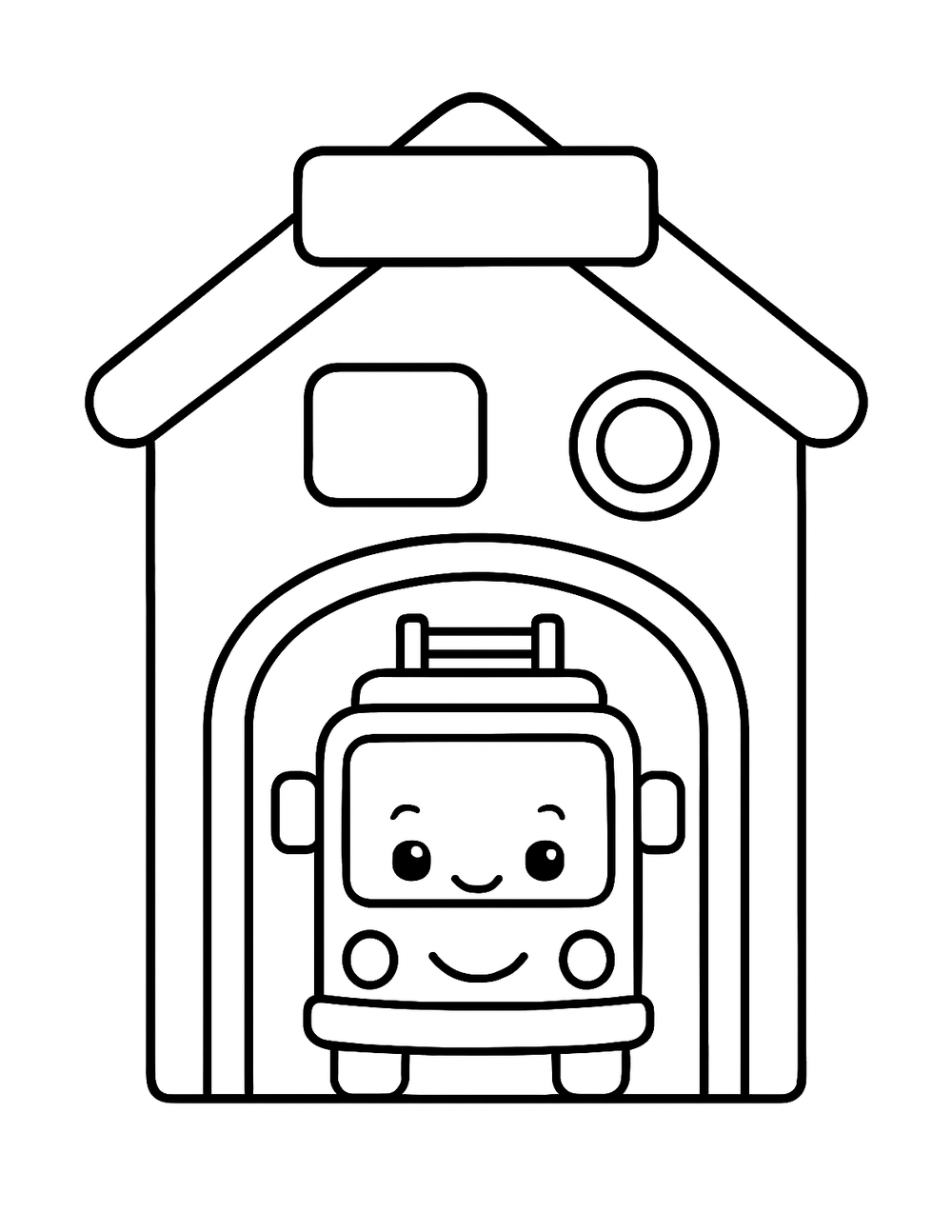 Free printable Fire Truck coloring page – fire station building