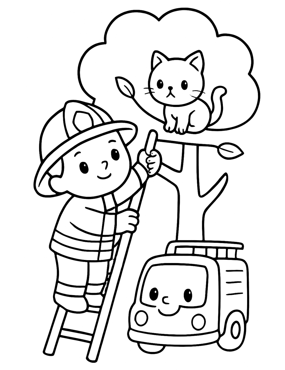 Free printable Fire Truck coloring page – kitten tree rescue
