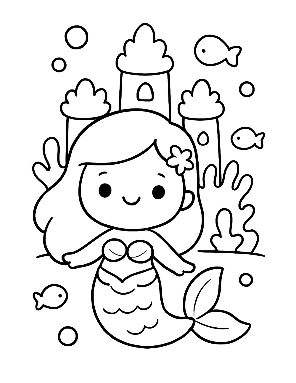 Free printable Mermaid coloring page – mermaid coral castle