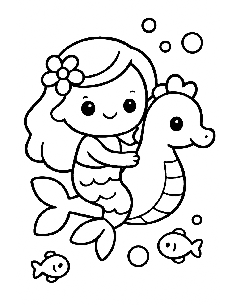 Free printable Mermaid coloring page – mermaid riding seahorse