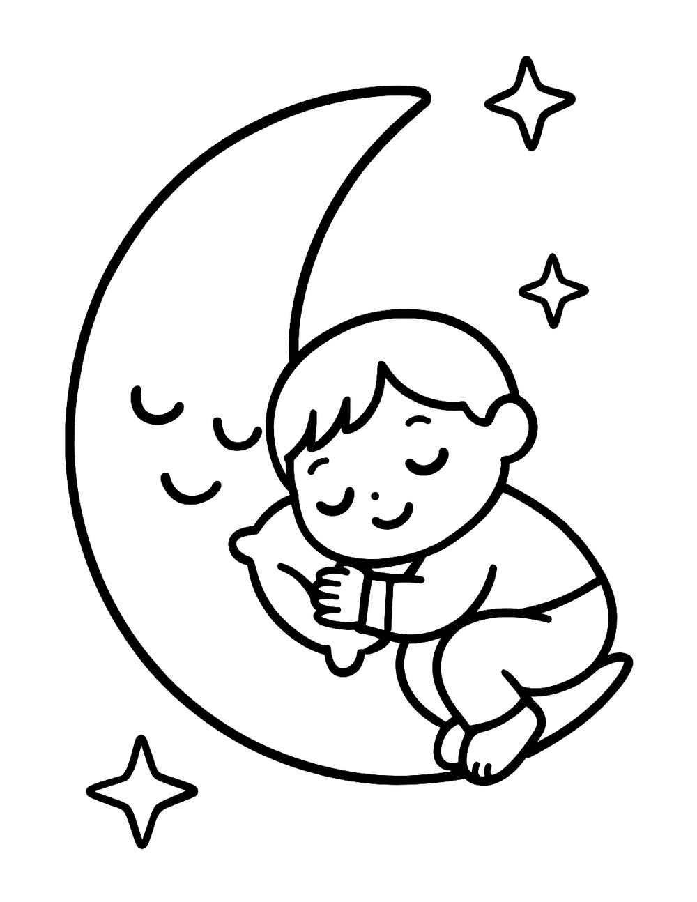 Free printable Moon and Star coloring page – child sleeping on