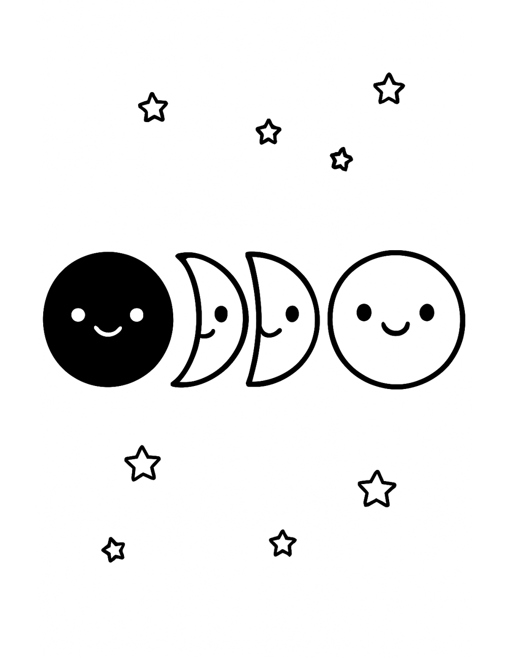 Free printable Moon and Star coloring page – moon phases faces