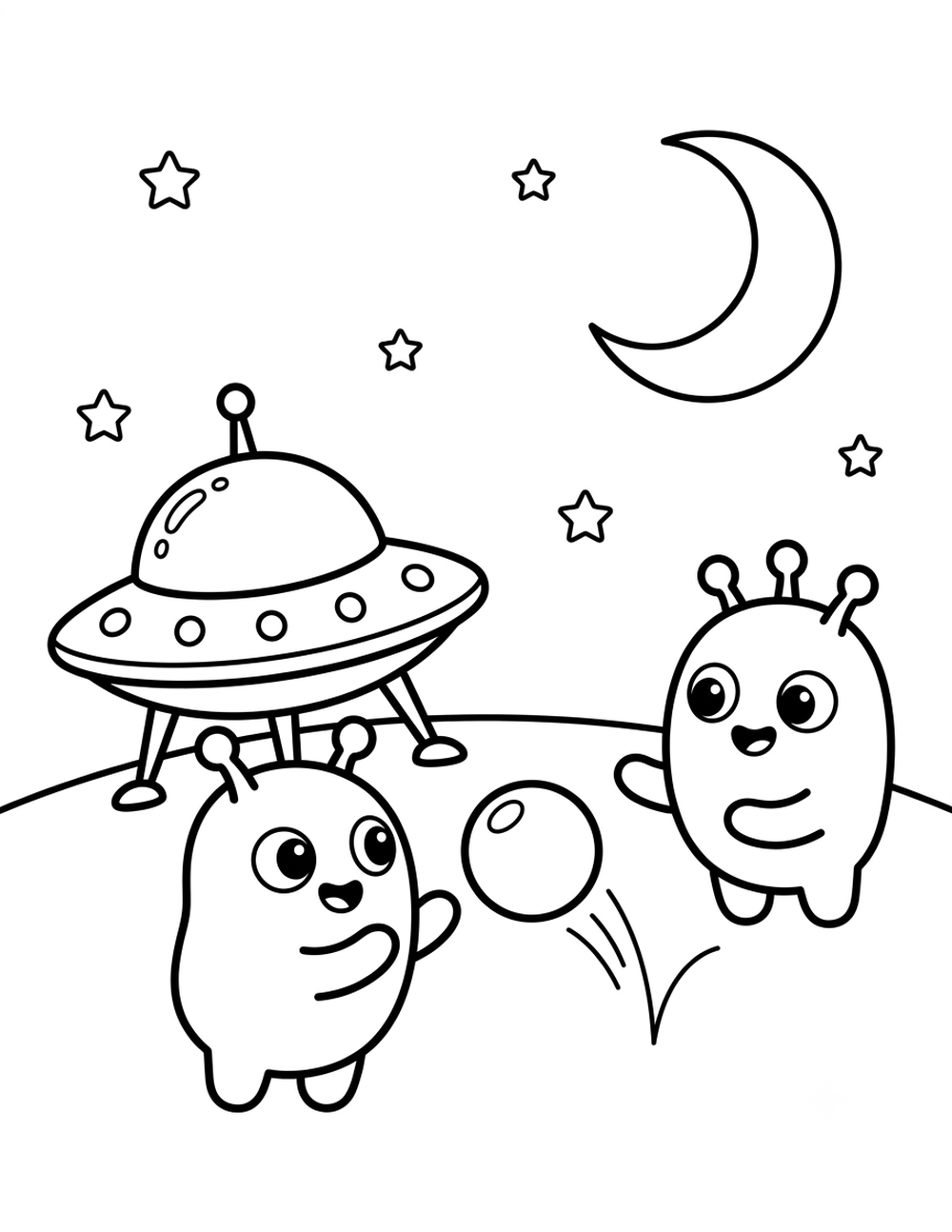 Free printable Outer Space coloring page – aliens jugando pelota