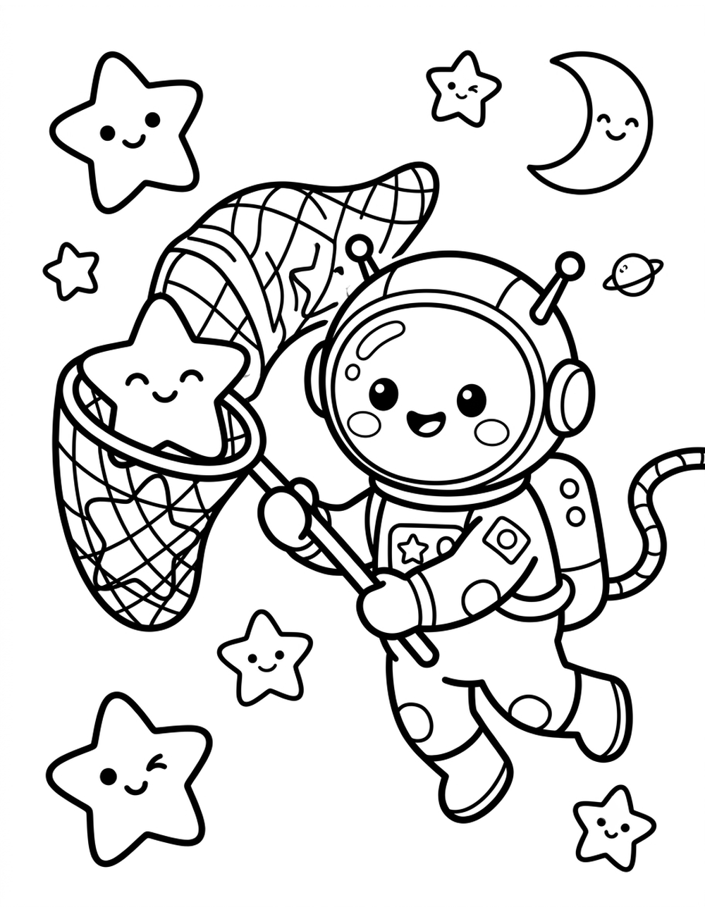 Free printable Outer Space coloring page – astronauta cazando estrellas