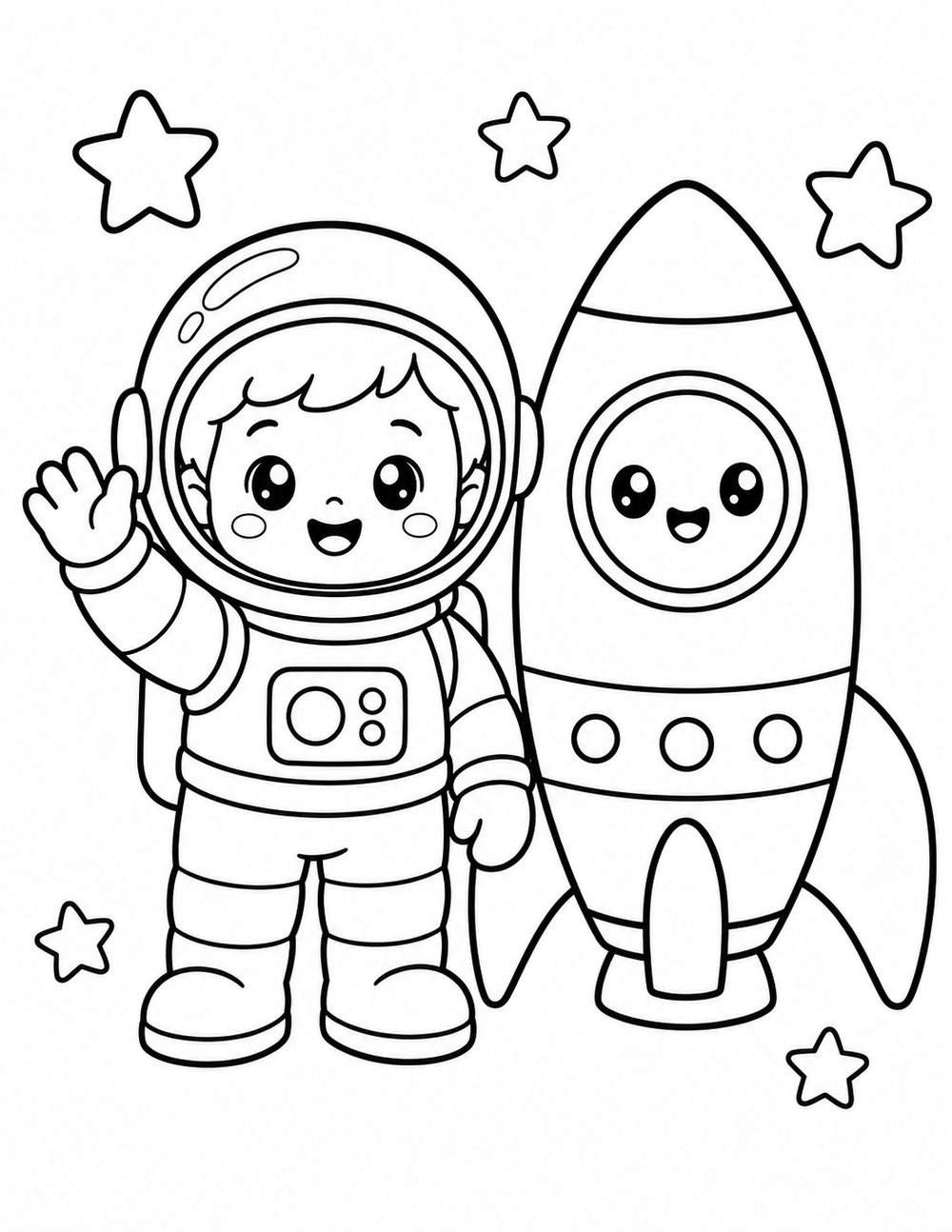 Free printable Solar System coloring page – kid astronaut rocket