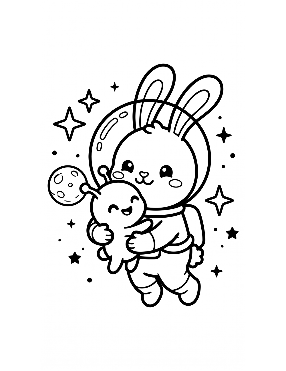 Free printable Space Animals coloring page – bunny alien hug