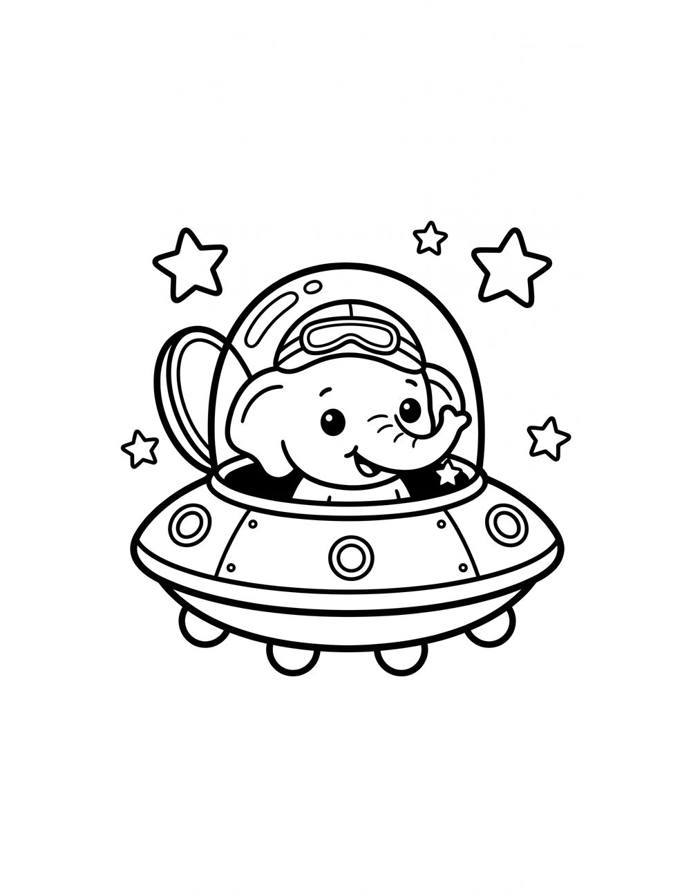 Free printable Space Animals coloring page – elephant ufo peeking