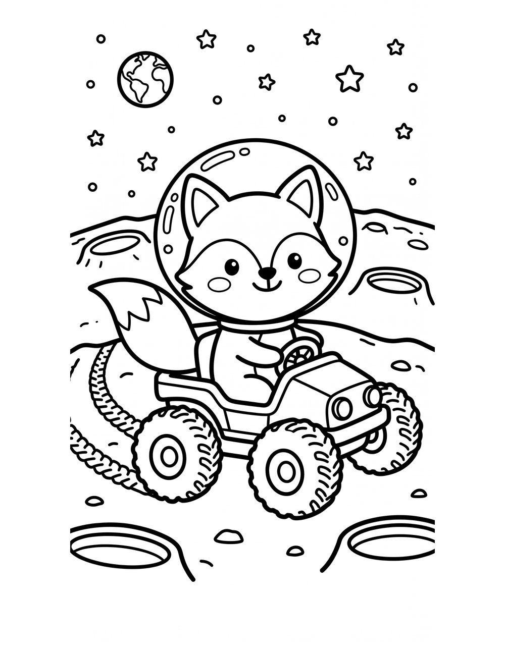 Free printable Space Animals coloring page – fox moon buggy