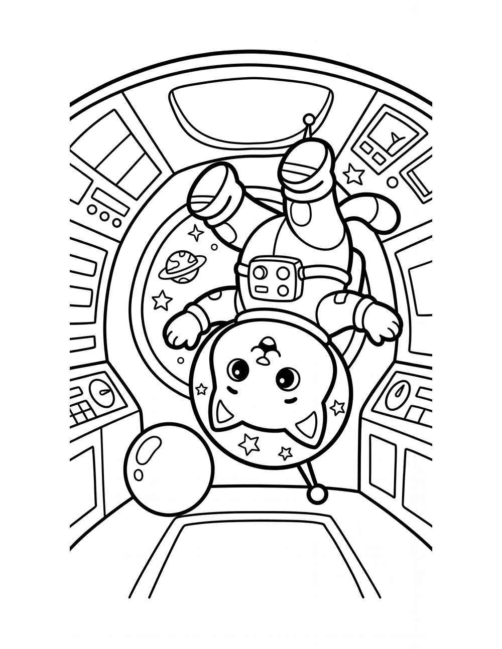 Free printable Space Animals coloring page – kitten floating zero