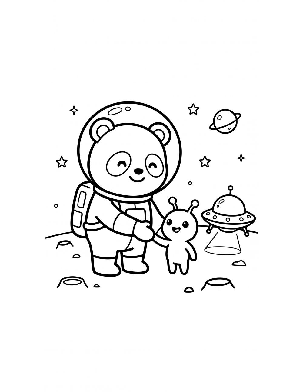 Free printable Space Animals coloring page – panda alien handshake