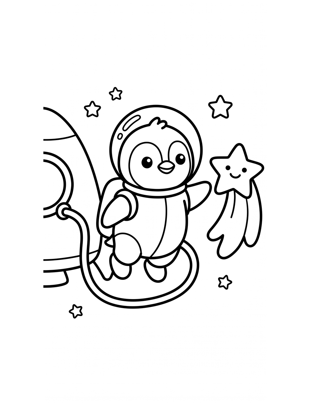 Free printable Space Animals coloring page – penguin spacewalk tether