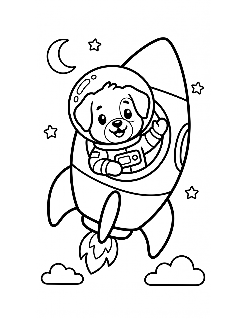 Free printable Space Animals coloring page – puppy astronaut rocket