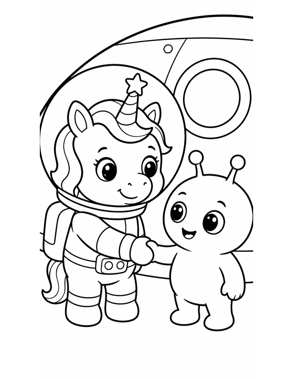 Free printable Space Unicorn coloring page – unicorn alien handshake