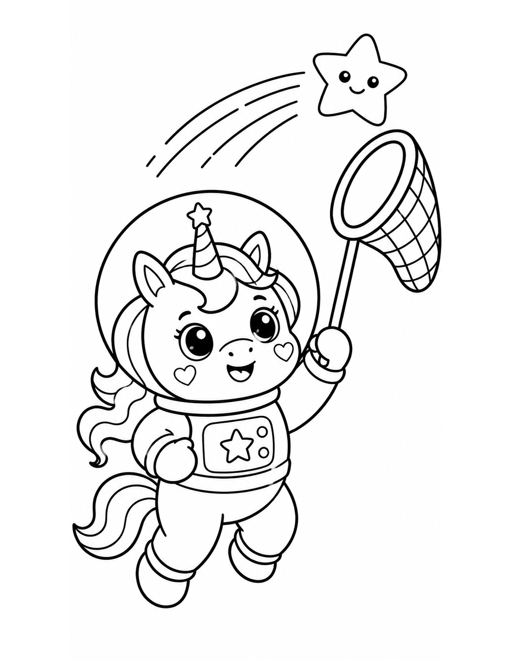 Free printable Space Unicorn coloring page – unicorn catching shooting