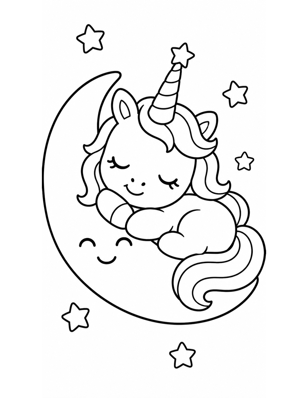Free printable Space Unicorn coloring page – unicorn crescent moon