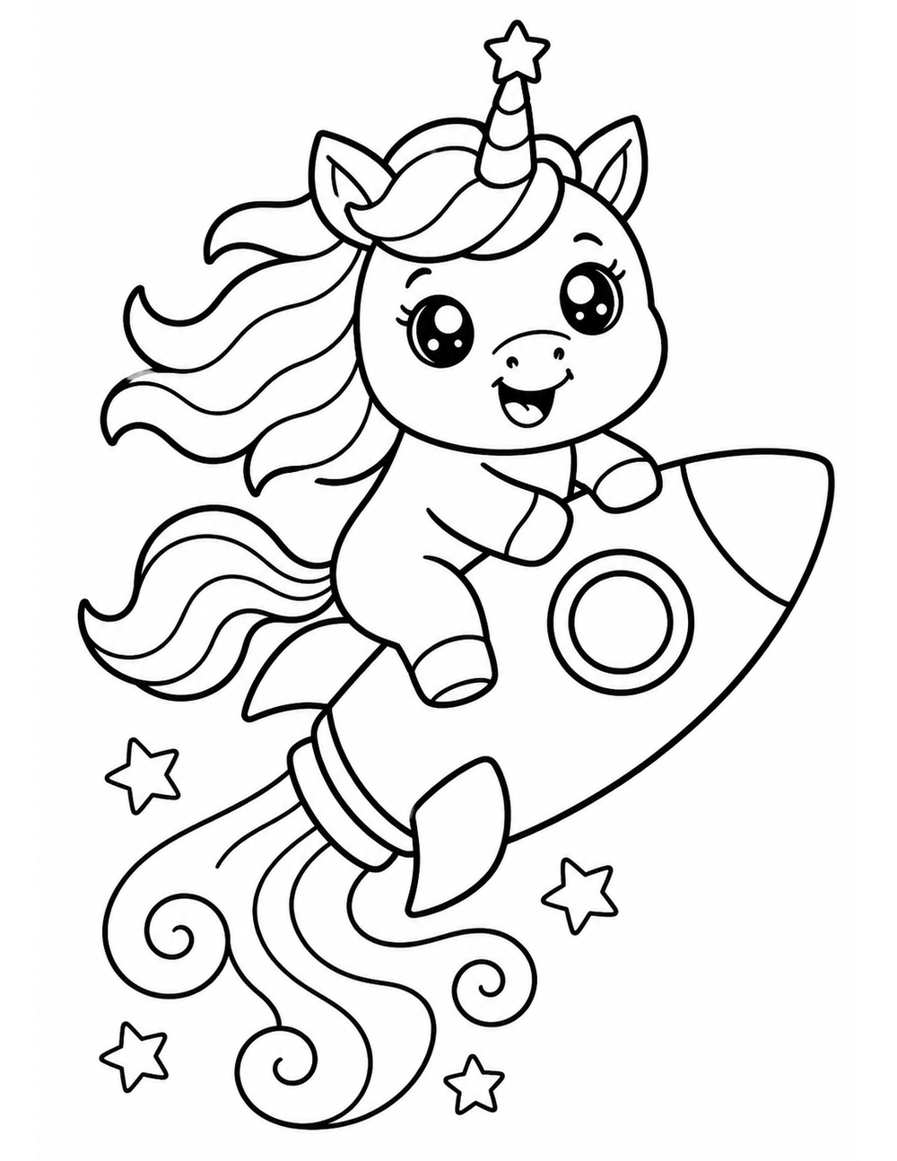Free printable Space Unicorn coloring page – unicorn riding rocket