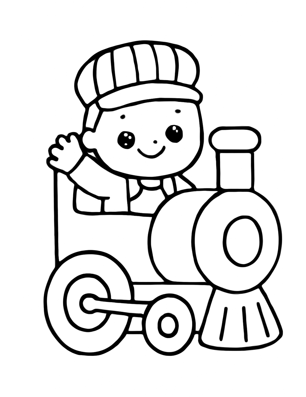 Free printable Train coloring page – kid conductor waving