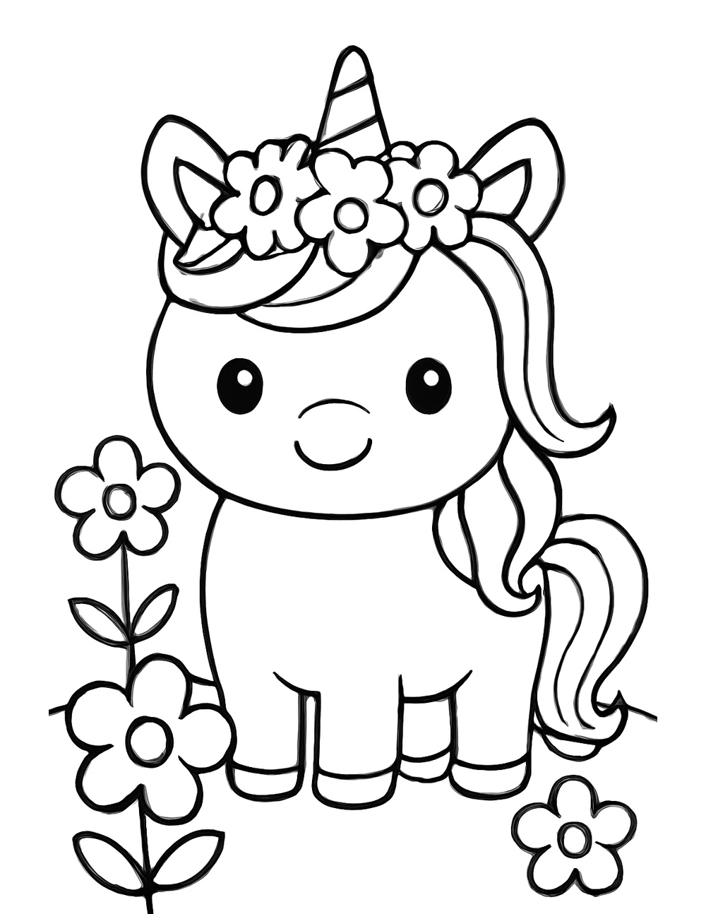 Free printable Unicorn coloring page – unicorn with flowers